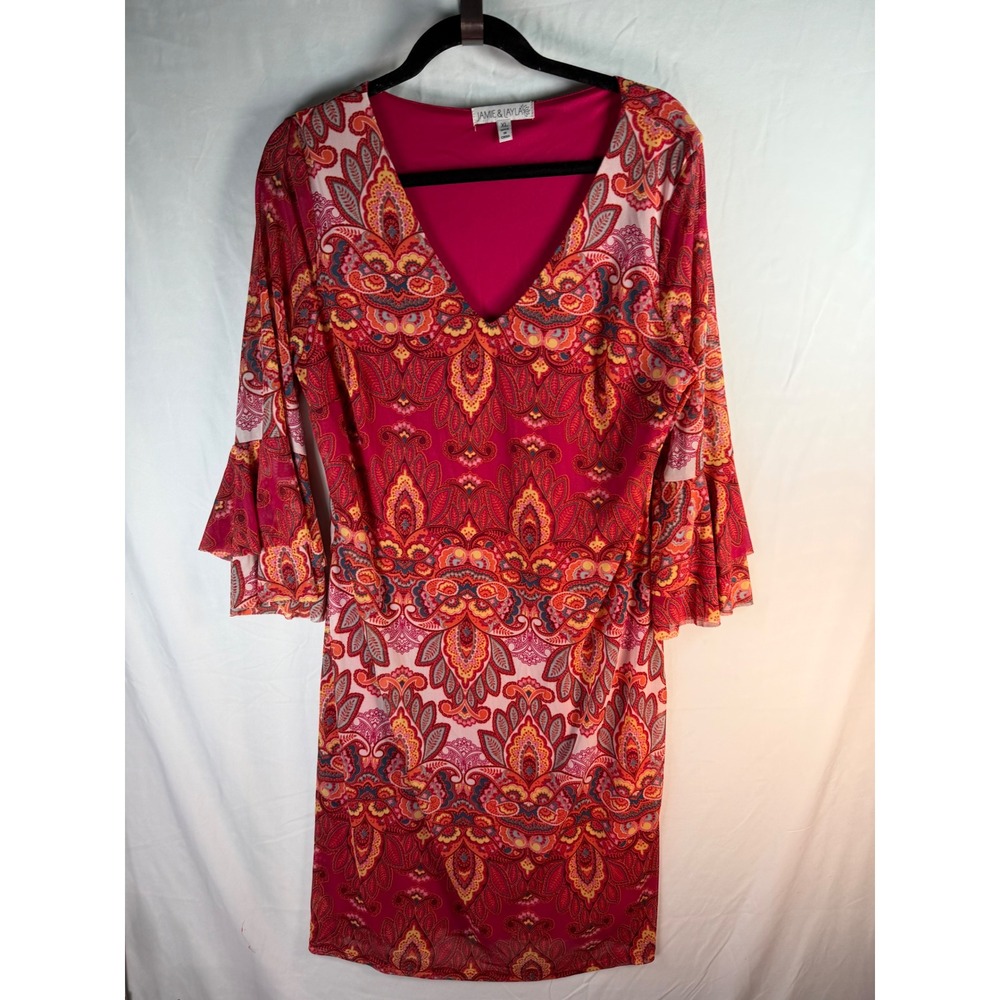 Jamie & Layla Pink Paisley‎ V-Neck Bell Sleeve Sheath Dress Womens XL